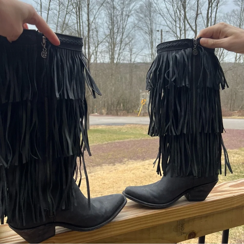 Liberty Black Fringed Black Western Knee-High Cowboy Boots - Women - Picture 4 of 9